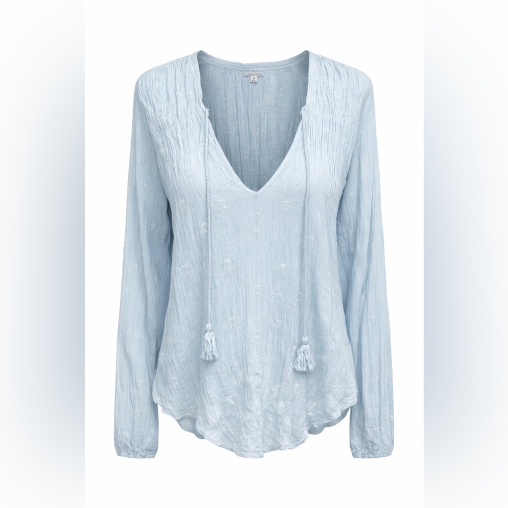 Light Blue Women's V-Neck Tassel Blouse